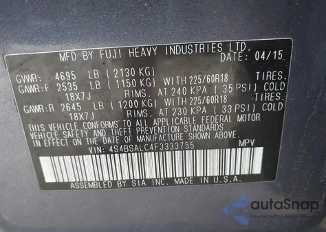 2015 Subaru Outback 2.5I Limited from USA, damaged, VIN 4S4BSALC4F3333755